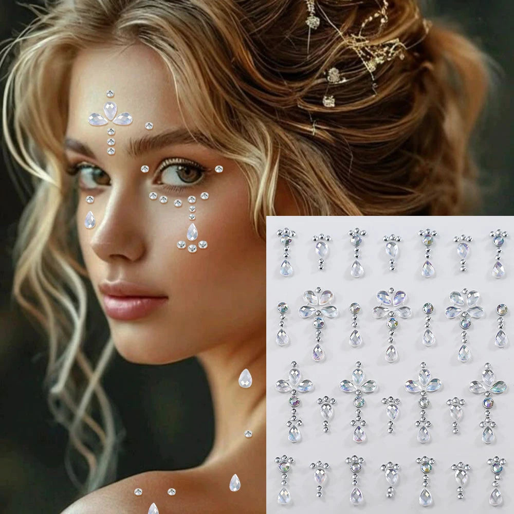 1Sheet 5D Mixed Shell Aurora Rhinestone Girl Face Stickers Hollow Star/Moon/Heart Self-Adhesive Cute Girl Make Up Diamond Decal - Sun Studio