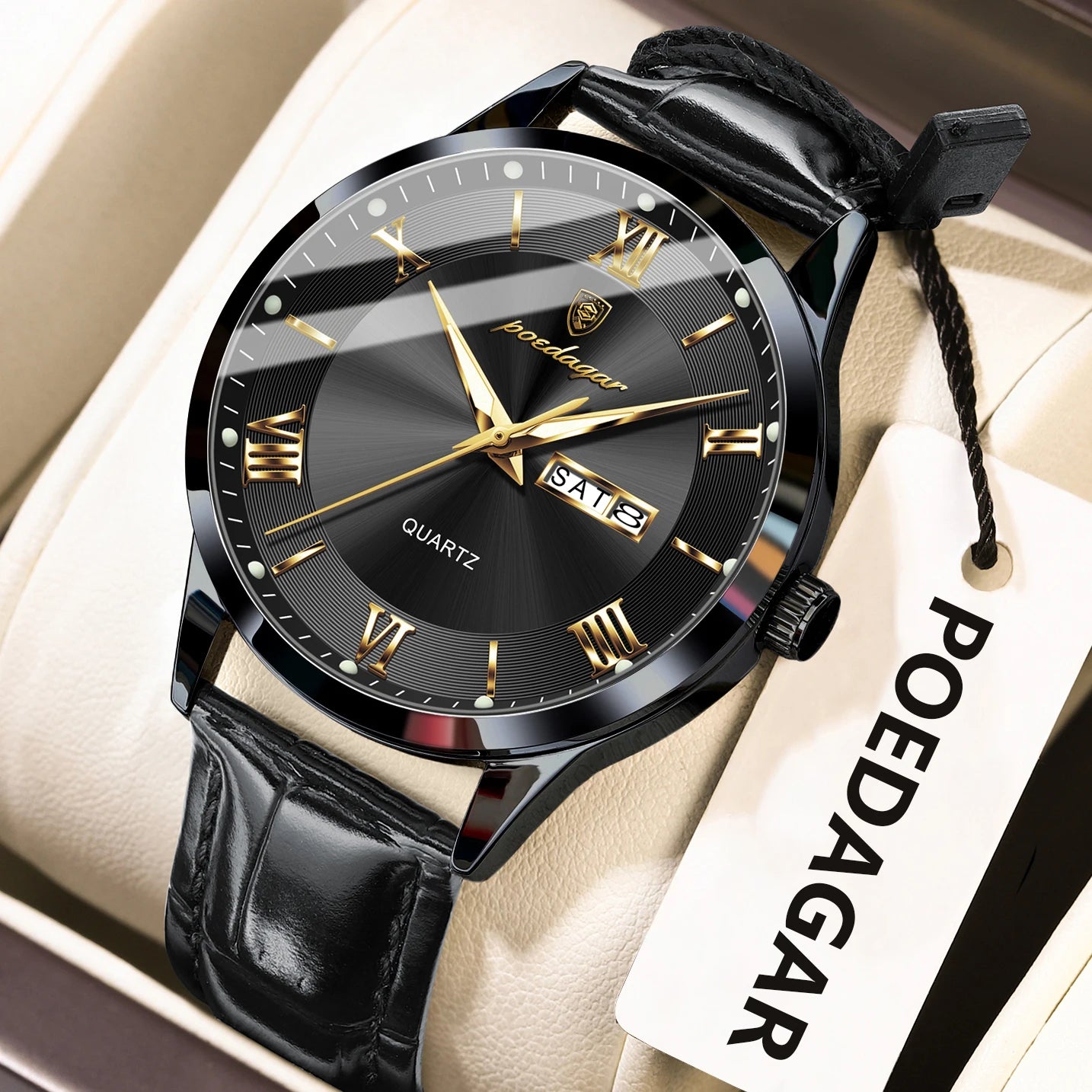 POEDAGAR Classic Luxury Men's Wristwatch Date Week Leather Business Man Watch Waterproof Luminous Fashion Quartz Watches For Men - Sun Studio