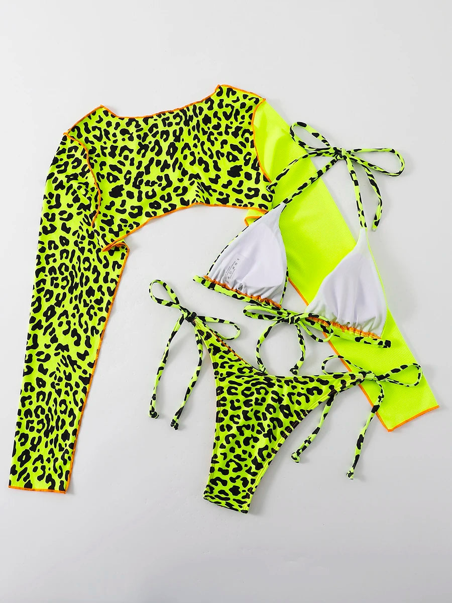 Leopard Halter Triangle Bikini 2026 Women Long Sleeve Swimsuit Sexy Swimwear Female Bathers Bathing Suit Swimming Beachwear - Sun Studio