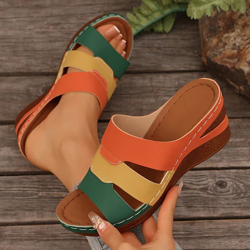 Summer Contrast Color Wedge Sandals for Women 2025 Comfortable Thick Sole Beach Slippers Woman Casual Anti Slip Outdoor Slides - Sun Studio