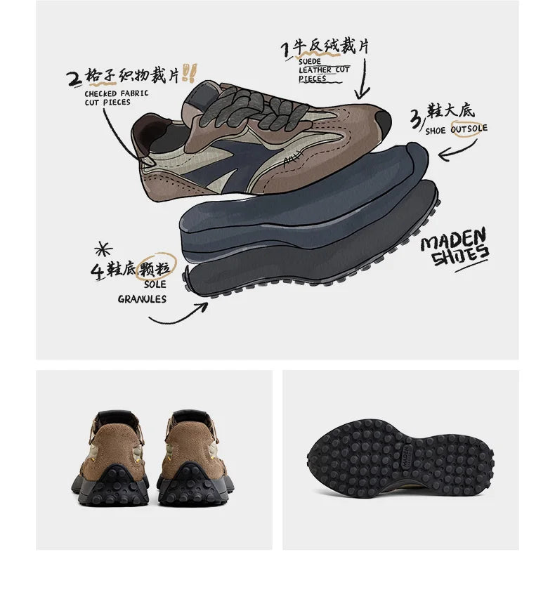 Maden Spring Vintage Thick-soled Patchwork Black Sneakers Casual Breathable Jogging Shoes Low-top Lace-up Sporty Summer Shoes - Sun Studio