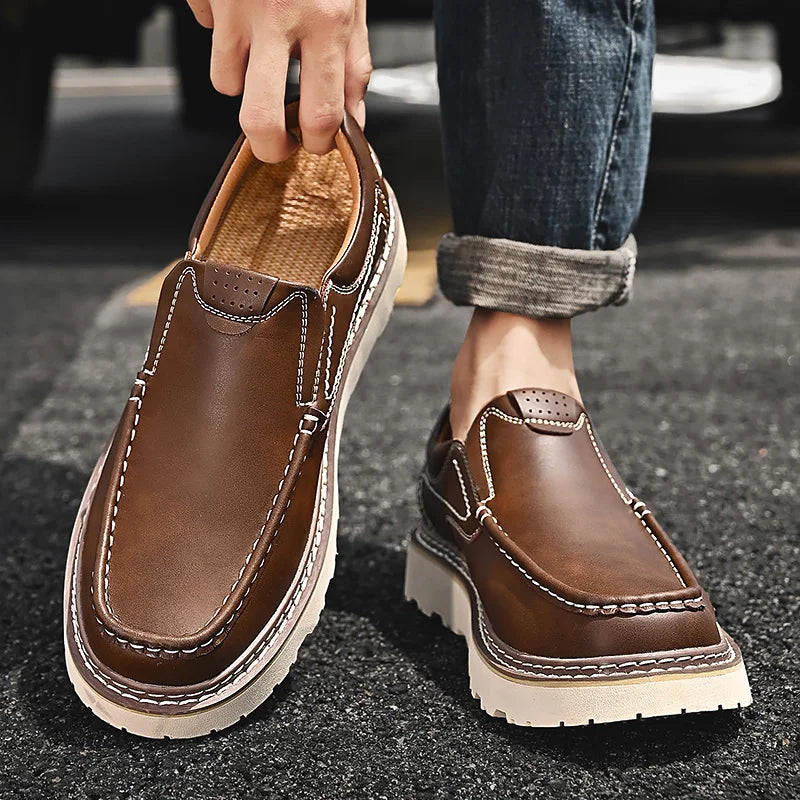 Trendy New Style Men's Genuine Leather Shoes Thick Soled Tooling Shoes Men's Oxford Shoes Lace Up Business Shoes Outdoor Loafers - Sun Studio