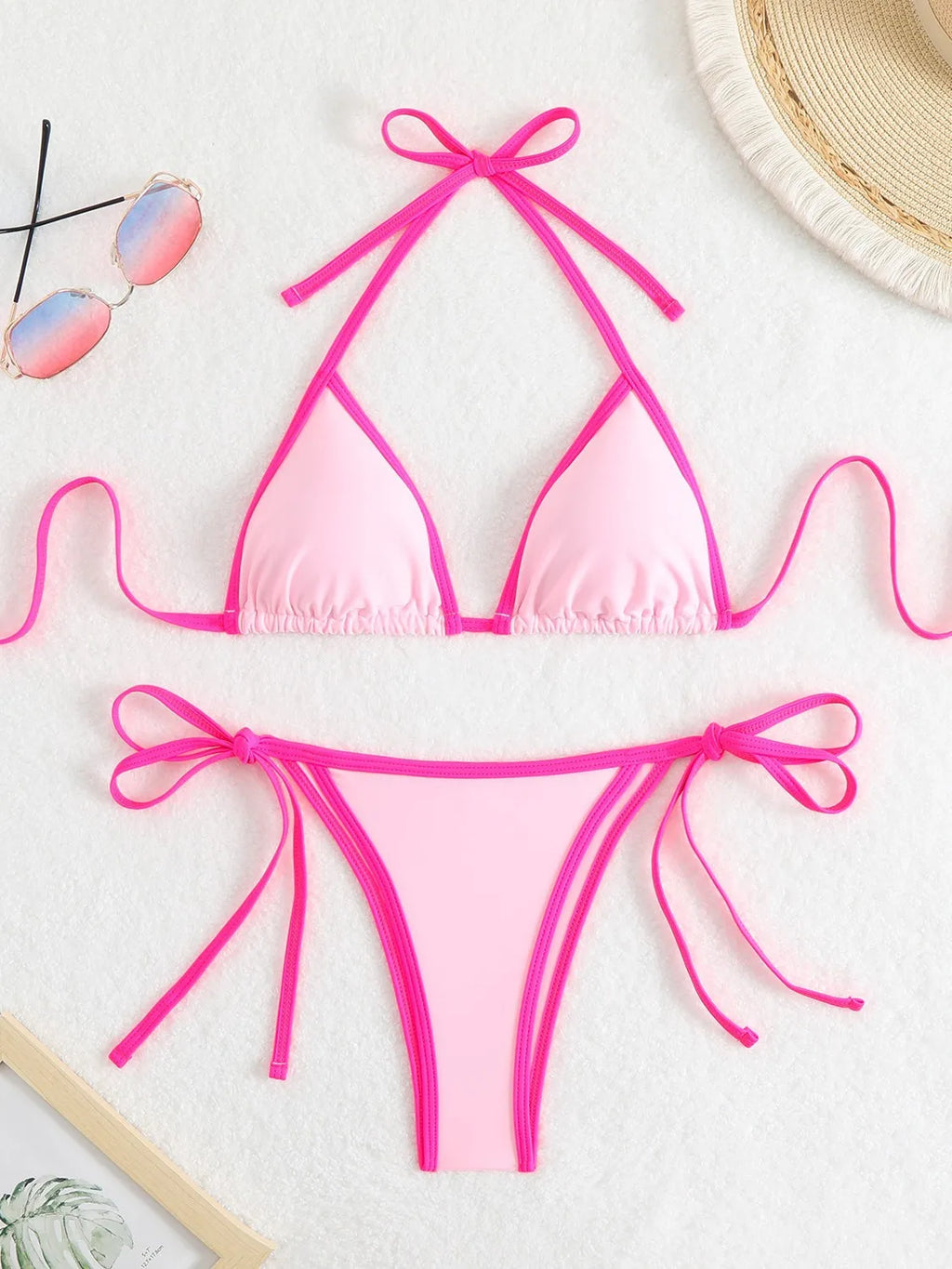 Sexy Micro Bikini 2025 Women Pink Blue Contrast Push Up Tie Side Thong Swimsuit Brazilian Beach Bandage Bathing Suit Swimwear - Sun Studio