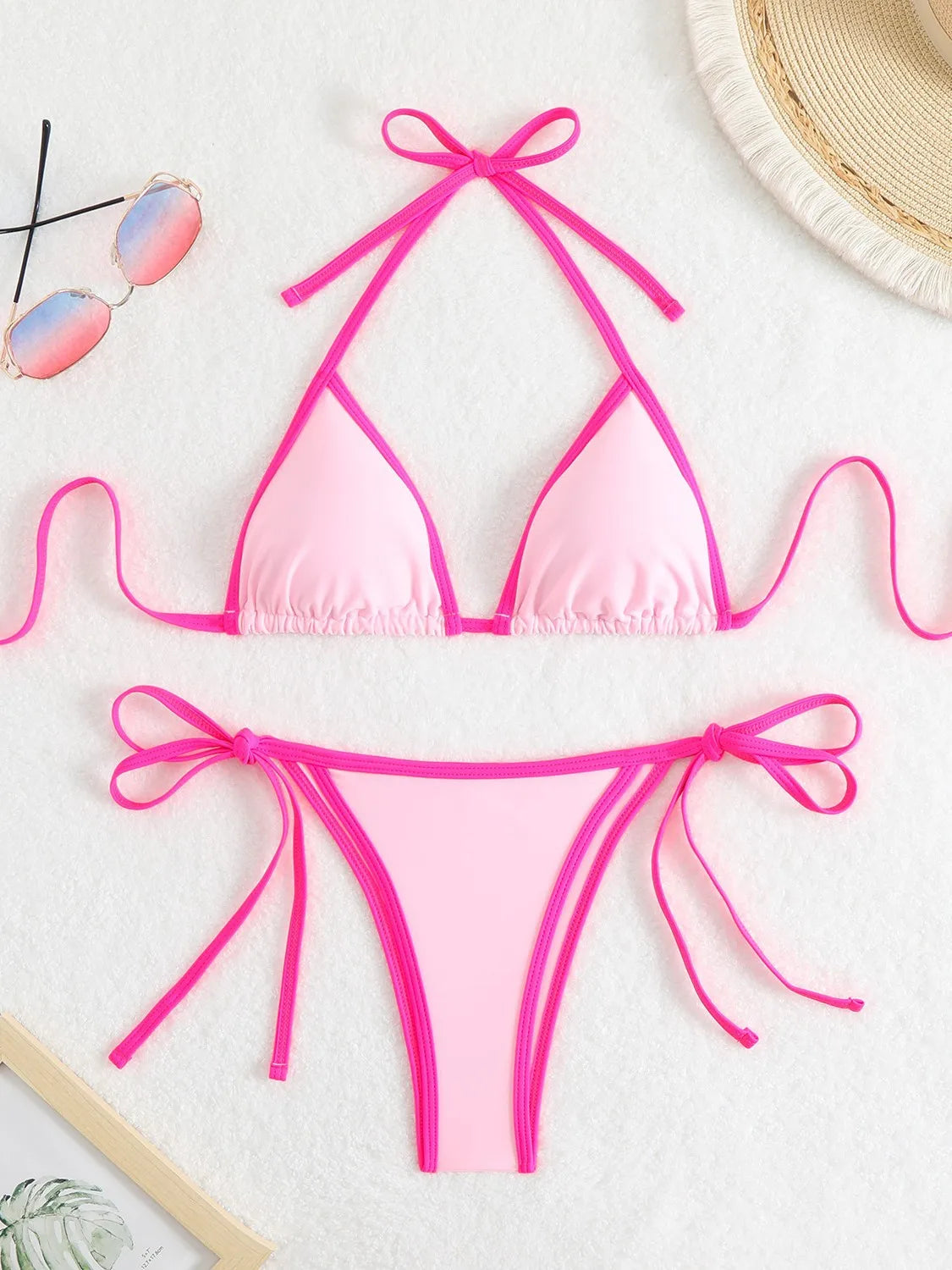 Sexy Micro Bikini 2025 Women Pink Blue Contrast Push Up Tie Side Thong Swimsuit Brazilian Beach Bandage Bathing Suit Swimwear - Sun Studio