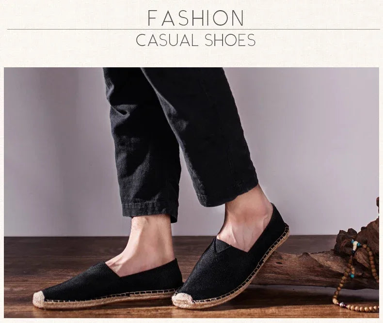 Women Sewing Flax Shoes Slip on Loafers Casual Shoes Man Espadrilles Hemp Canvas Flat Shoes Plus Size Fisherman Driving Footwear - Sun Studio
