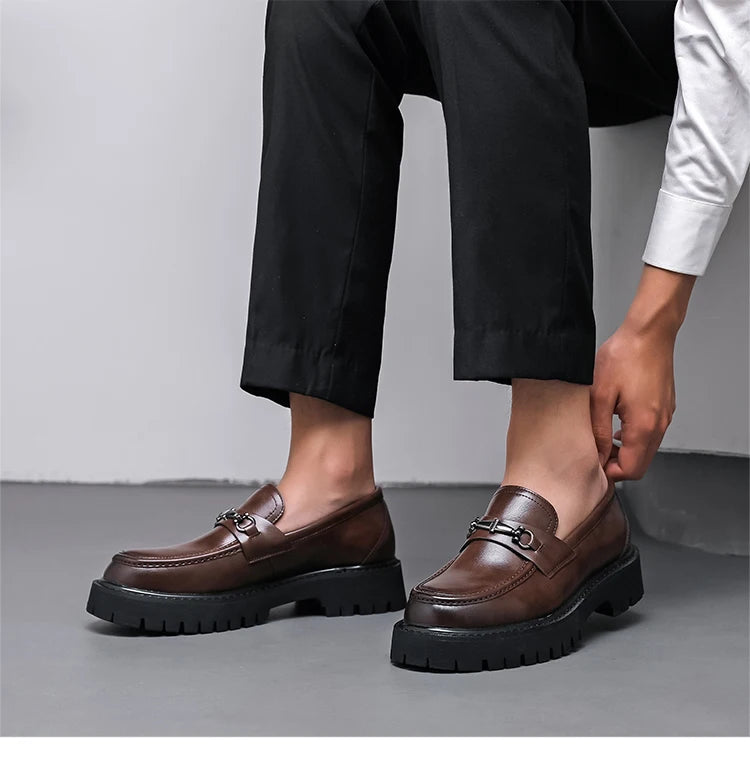 STRONGSHEN Men Leather Shoes Thick-soled British Style Formal Business Shoes Fashion Luxury Slip-On Round Toe Office Casual Shoe - Sun Studio