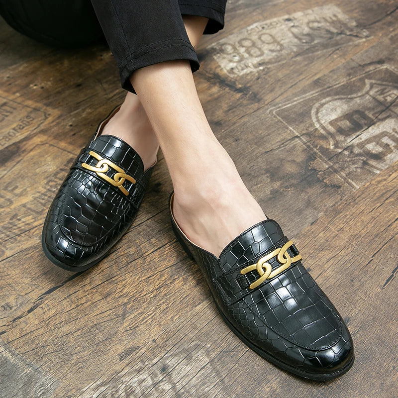 100% Genuine Leather Black Men’s Half Shoes For Men Shoes Mules Casual Designer Shoes Fashion Loafers Luxury Black Slippers 2022