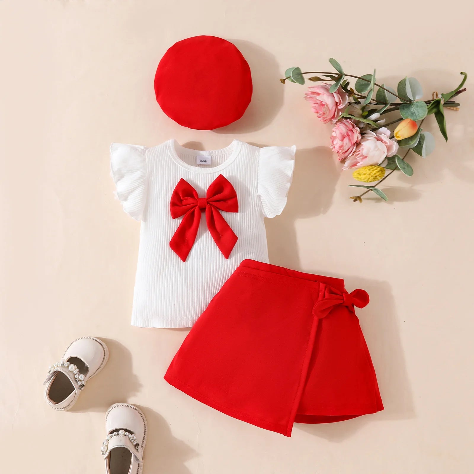 Baby Girls Clothes New Year Set 0-3Y Long Sleeve Big Bow Top Irregular Skirt and Beret 3Pcs Toddler Christmas Clothes