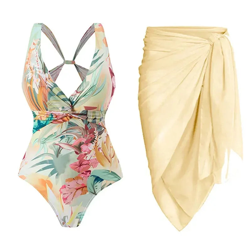 One-piece Bikini Set 2026 Women Floral Print V-neck Swimsuit Sexy High Waist Beach Skirt Bathing Suit Swimwear Summer Monokini - Sun Studio