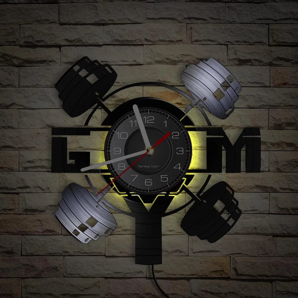 Fitness Equipment Theme Vinyl Record Fitness Wall Clock Home Decoration LED Backlight Modern Fitness Watch