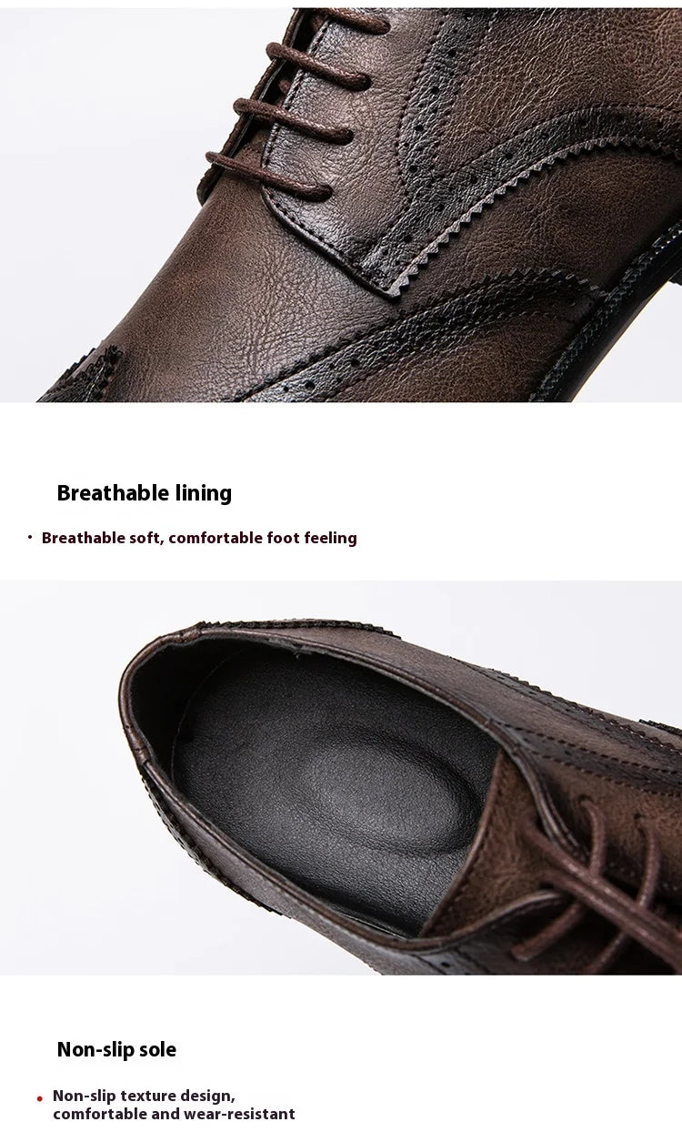 Lace-up casual leather shoes Men's wedding carved Brogues men's formal business pointed shoes Groom's leather shoes - Sun Studio