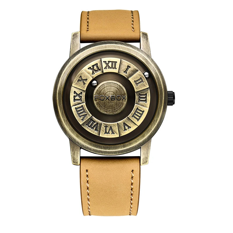 FOXBOX Montre à quartz pour homme, mode, personnalité, créative, boule de fer défilante, pointeur magnétique, étanche pour montres masculines, cadeau + boîte