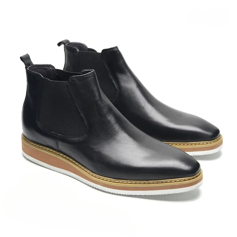 British Style Cow Genuine Leather Men's Chelsea Ankle Boots Slip-on Elastic Band High Top Sneakers Casual Dress Boot for Men
