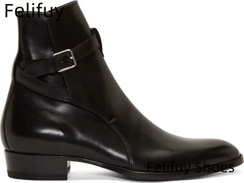 Black Pointed Toe Buckle Strap Ankle Boots Grey Men Hombre Genuine Leather Men Motorcycle Boots For Men Work High Top Men Shoes - Sun Studio