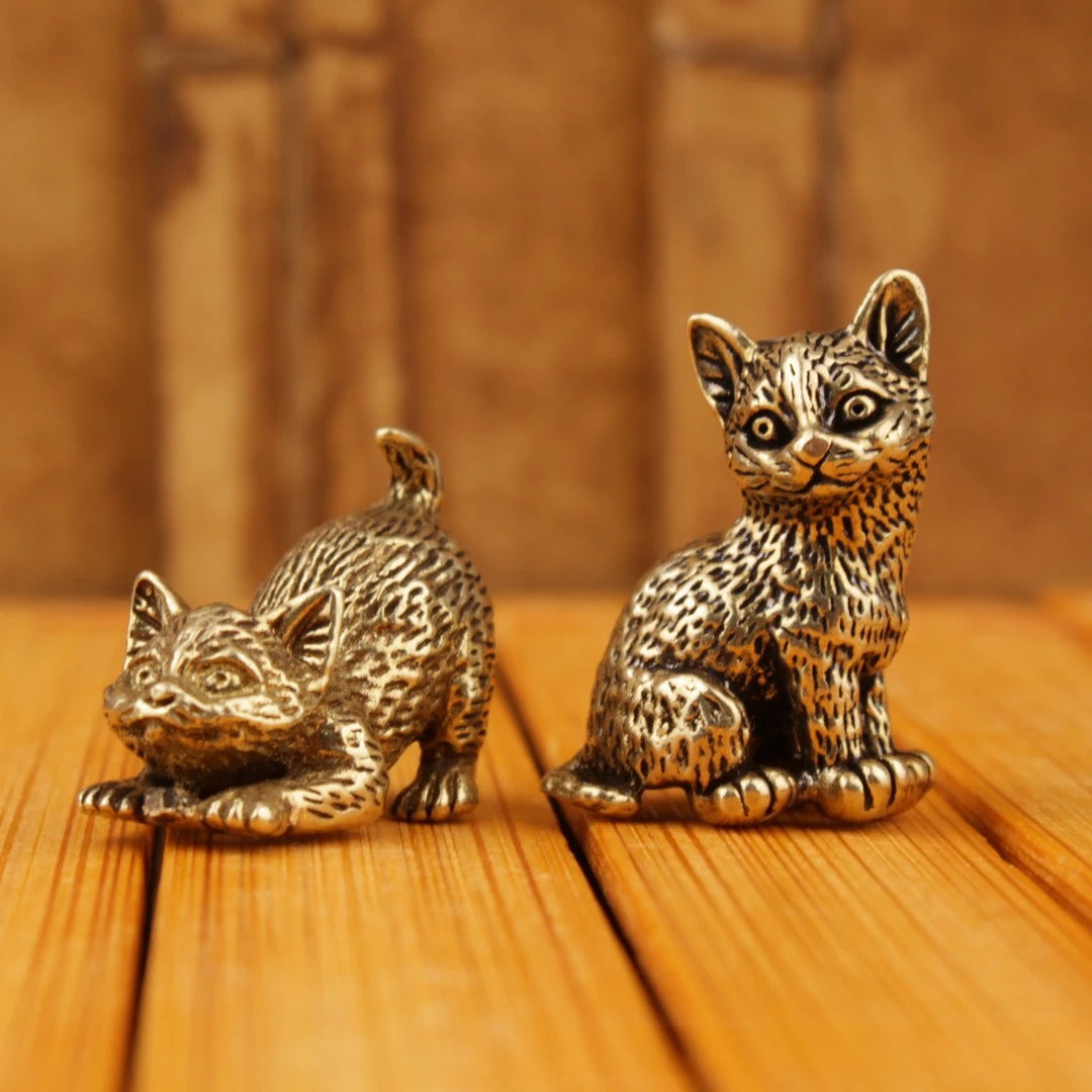 Brass cat Statue Cute 2pcs Miniature Figurines Desk Ornament Decorations Accessories Copper Animal Sculpture Home Decor Crafts - Sun Studio