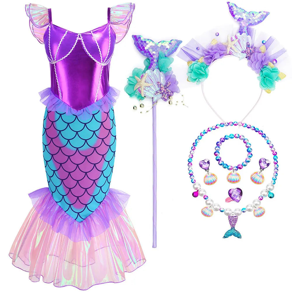 Disney Blue Red Purple Three Colors Mermaid Flying Sleeve Fishtail Beautiful Dress For Girl Summer Beach Party Cool Swimsuit Set - Sun Studio