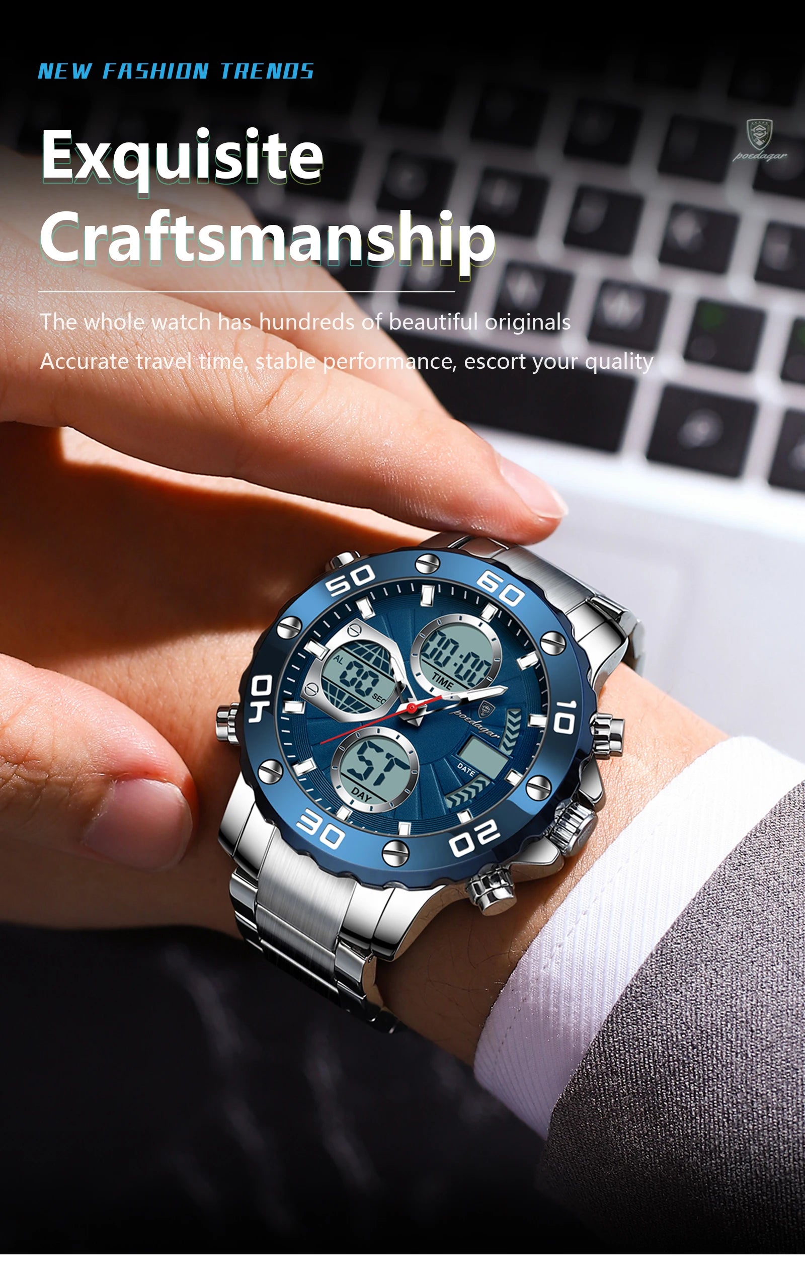 POEDAGAR Military Men's Quartz Wristwatch LED Alarm Dual Display Men Watch Electronic Waterproof Outdoor Sports Watches for Men - Sun Studio