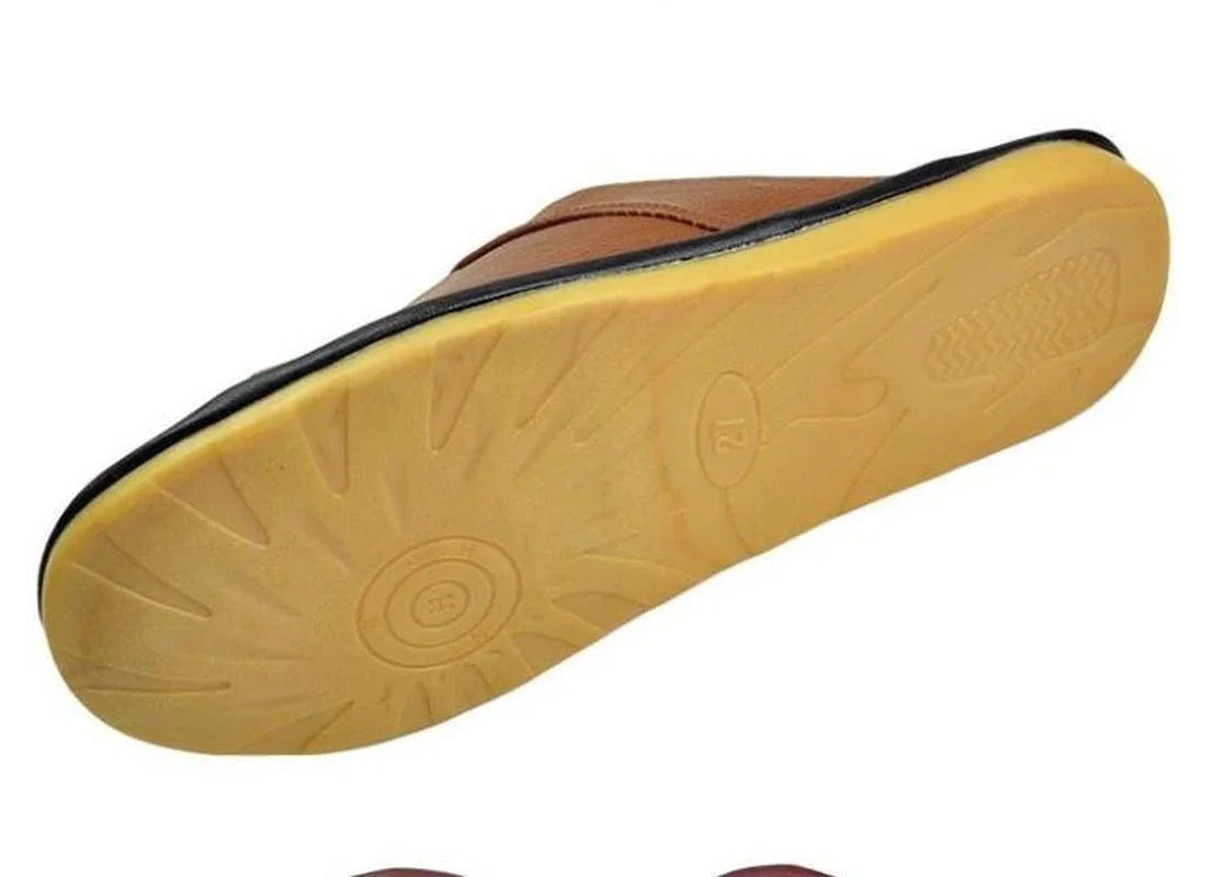 Men's Luxury Cow Split Leather Handmade Men Home Slippers Spring Slip on Soft Comfortable Black Brown Bedroom Indoor Flat Shoes - Sun Studio