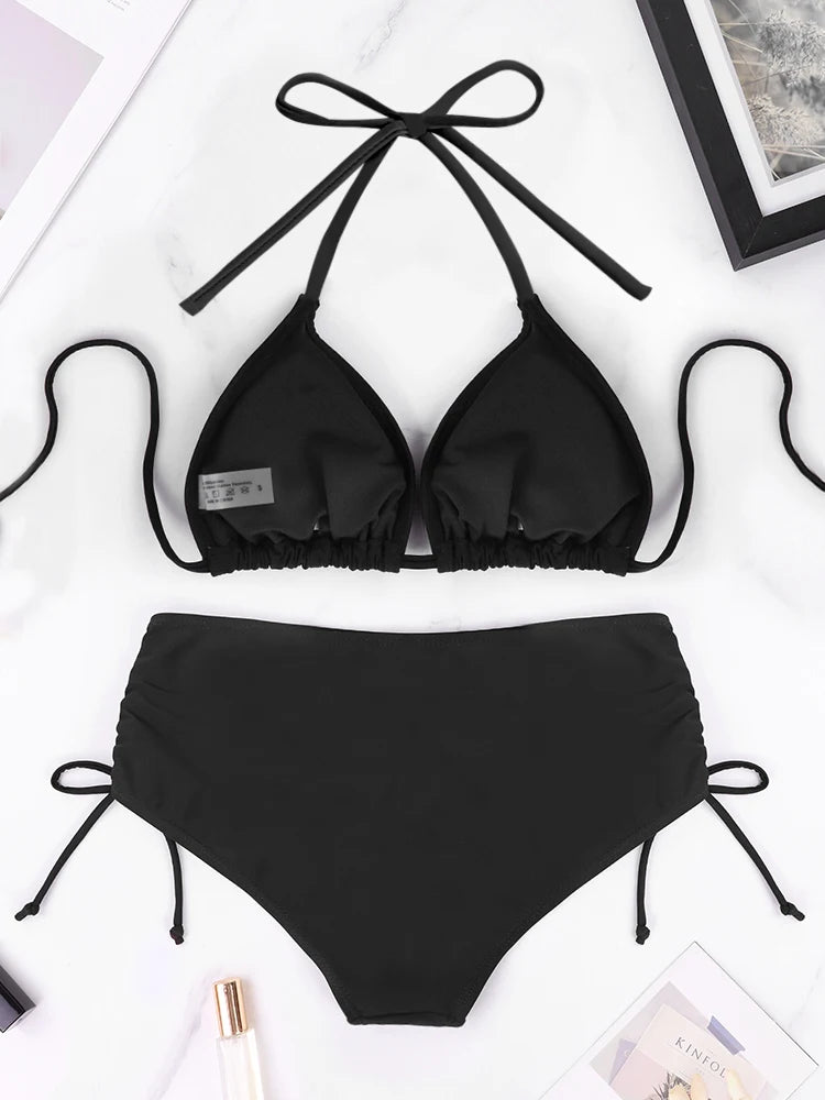 2 Pcs/Set Women's Bikini Split Set Summer Leisure Vacation Style Hanging Neck Bareback Strap Bikini Set Beach Women's Swimsuit - Sun Studio