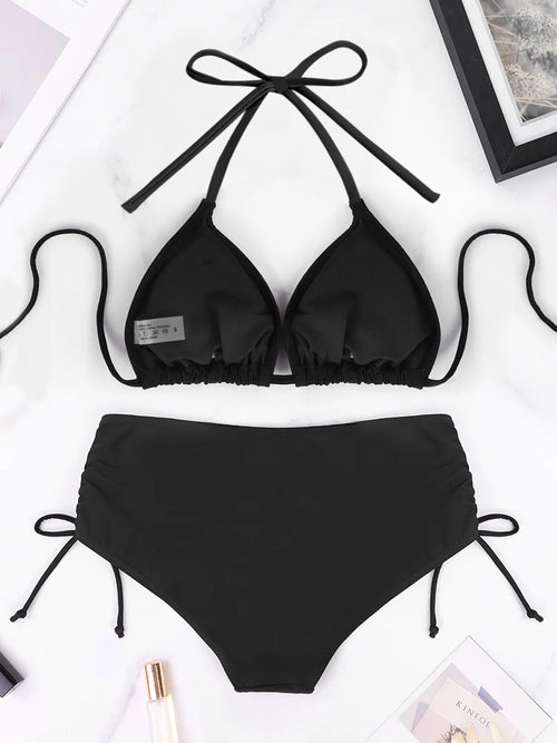 2 Pcs/Set Women's Bikini Split Set Summer Leisure Vacation Style Hanging Neck Bareback Strap Bikini Set Beach Women's Swimsuit - Sun Studio
