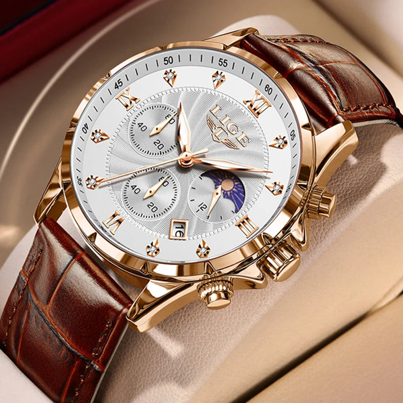 LIGE New Quartz Watches for Men Top Brand Luxury Leather Fashion Military Watch Men Sport Waterproof Chronograph Montre Homme - Sun Studio