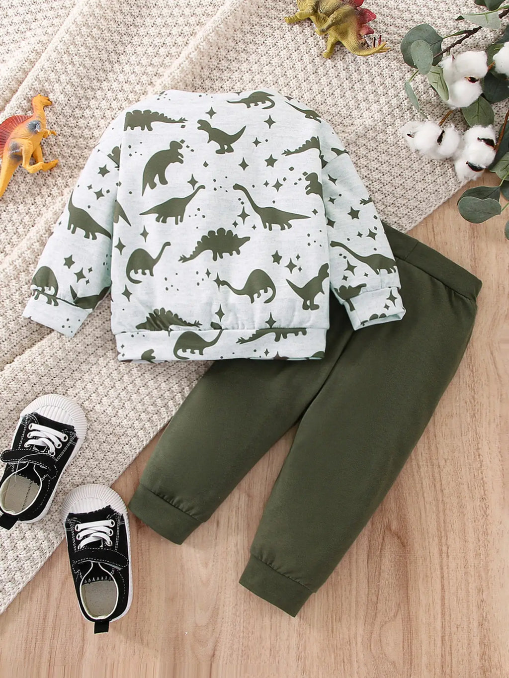 Spring and Autumn Two-Piece Baby Boy Sports Leisure Comfortable Dinosaur Pattern Long Sleeve Top Army Green Pants Suit - Sun Studio