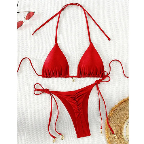 2 Pcs/Set Bikini Set Sexy Bikinis 2025 Bathing Suit Solid Color Halter Neck Strap Thong Women Swimsuit Set for Beach Swimwear - Sun Studio