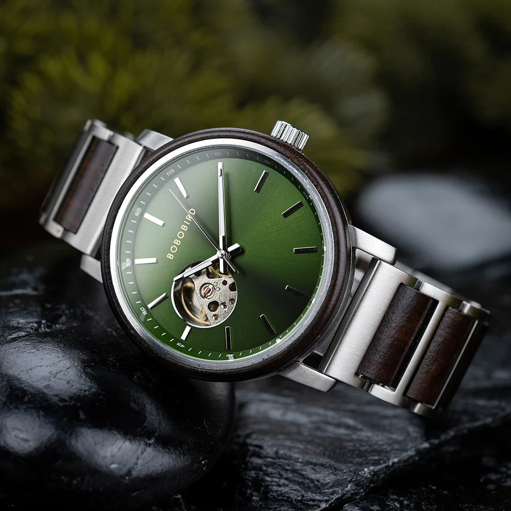 BOBO BIRD New Mechanical Watches for Men Luxury Wood and Stainless Steel Skeleton Customized Automatic Watch relojes mecánicos - Sun Studio
