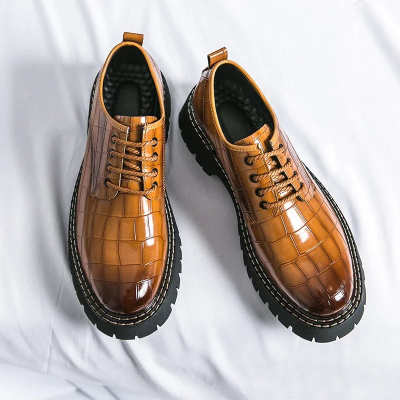 New Black Men Shoes Lace-up  Round Toe Stone Pattern Brown Gray Men Dress Shoes Size 38-46
