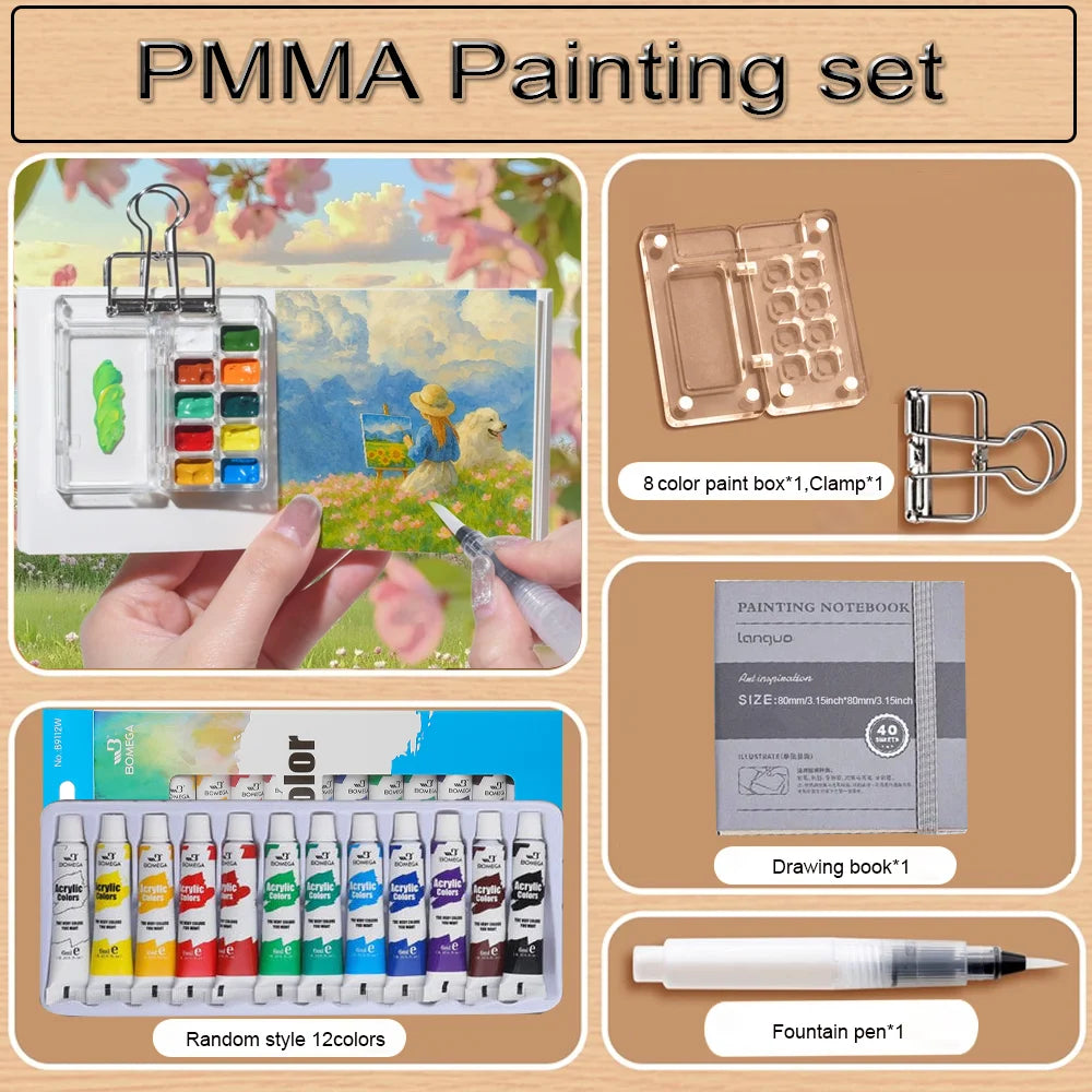 8/15-Grid Acrylic Mini Watercolor Palette –Portable Travel Paint Box with 1 Water Pen,1Watercolor Book ,12colors Pigment for Art - Sun Studio