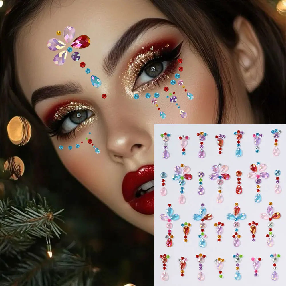 1Sheet 5D Mixed Shell Aurora Rhinestone Girl Face Stickers Hollow Star/Moon/Heart Self-Adhesive Cute Girl Make Up Diamond Decal - Sun Studio