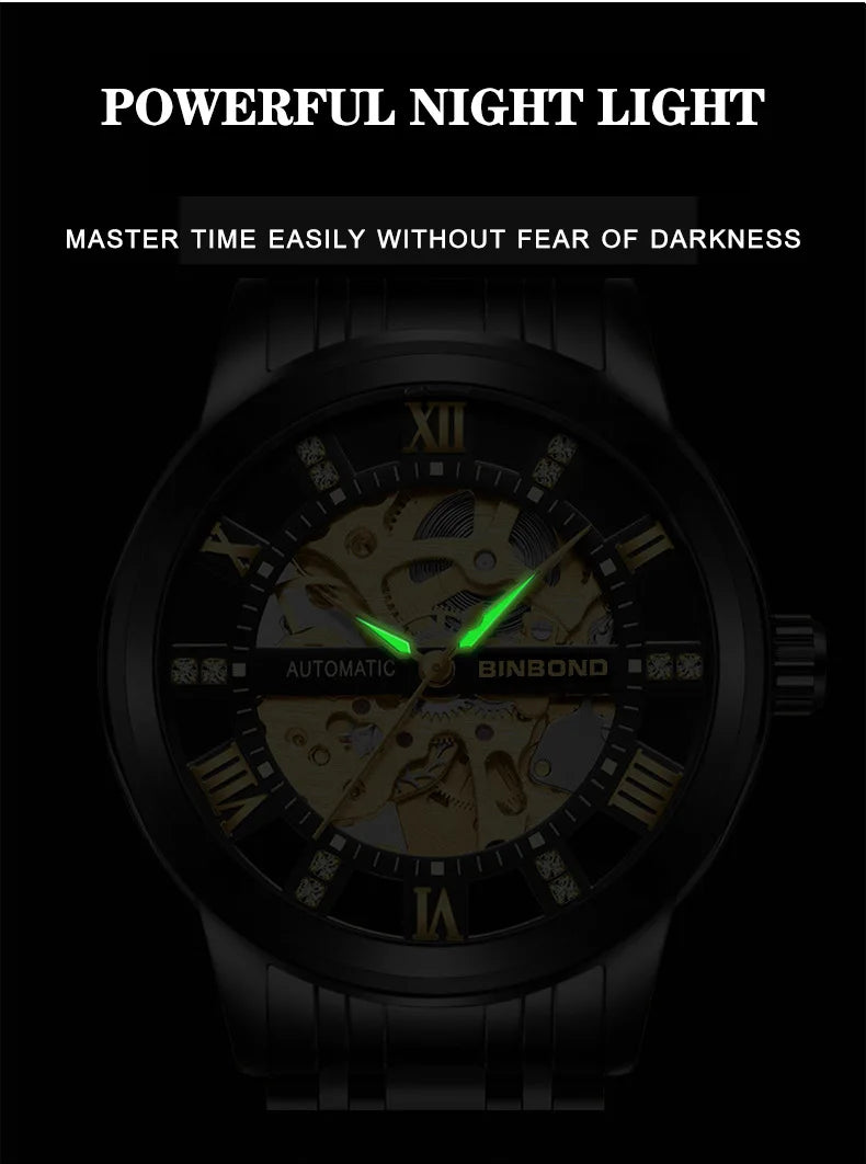 Bindond Mens Automatic Mechanical Watches Top Brand Luxury Stainless Steel Waterproof Hollow Male Wristwatches Relogio Masculino - Sun Studio
