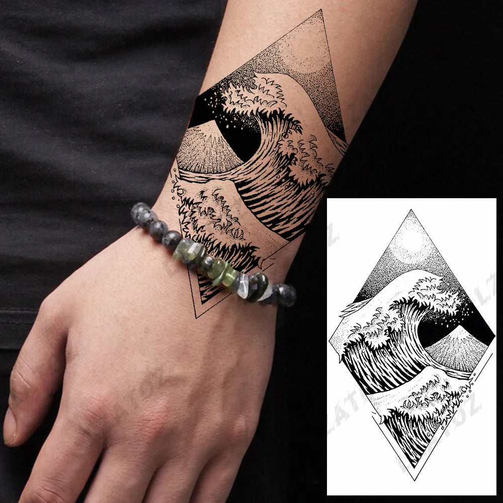 Unique Triangle Ocean Wave Temporary Tattoos For Men Women Realistic Tiger Lion Fake Tattoo Stickers Saying Transfer Art Tatoos