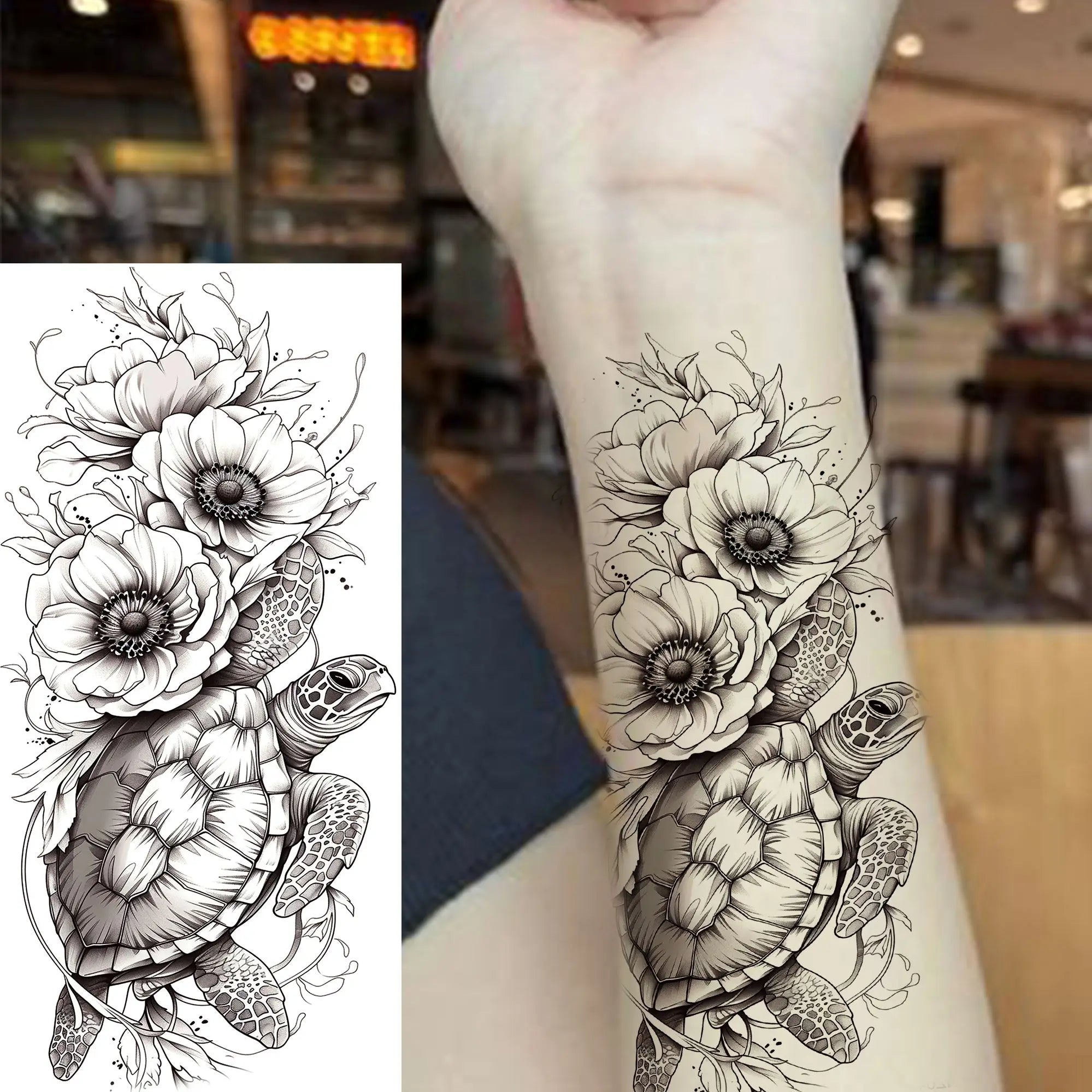 1 Blatt Schönes Schildkröte mit Blumen Temporäre Tattoos Elefant Löwe Tattoos Wasserdicht Realistische Tiere Fake Tattoos Aufkleber