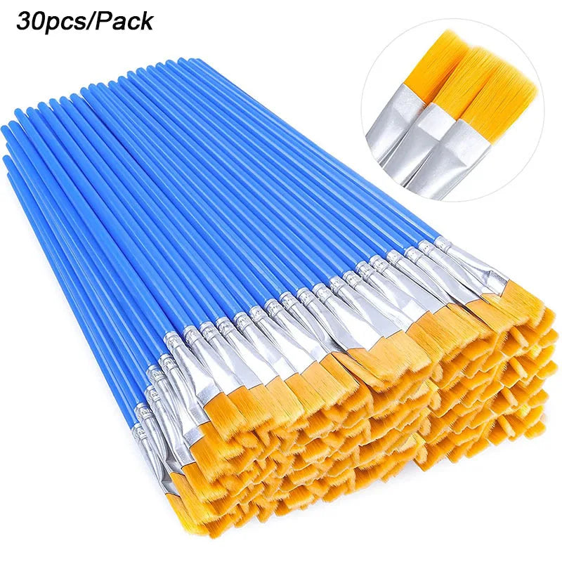 30pcs Pink Flat Painting Brushes for Kids Nylon Hair Plastic Handle for Detail Fine Art Acrylic Watercolor Nail Oil Painting - Sun Studio