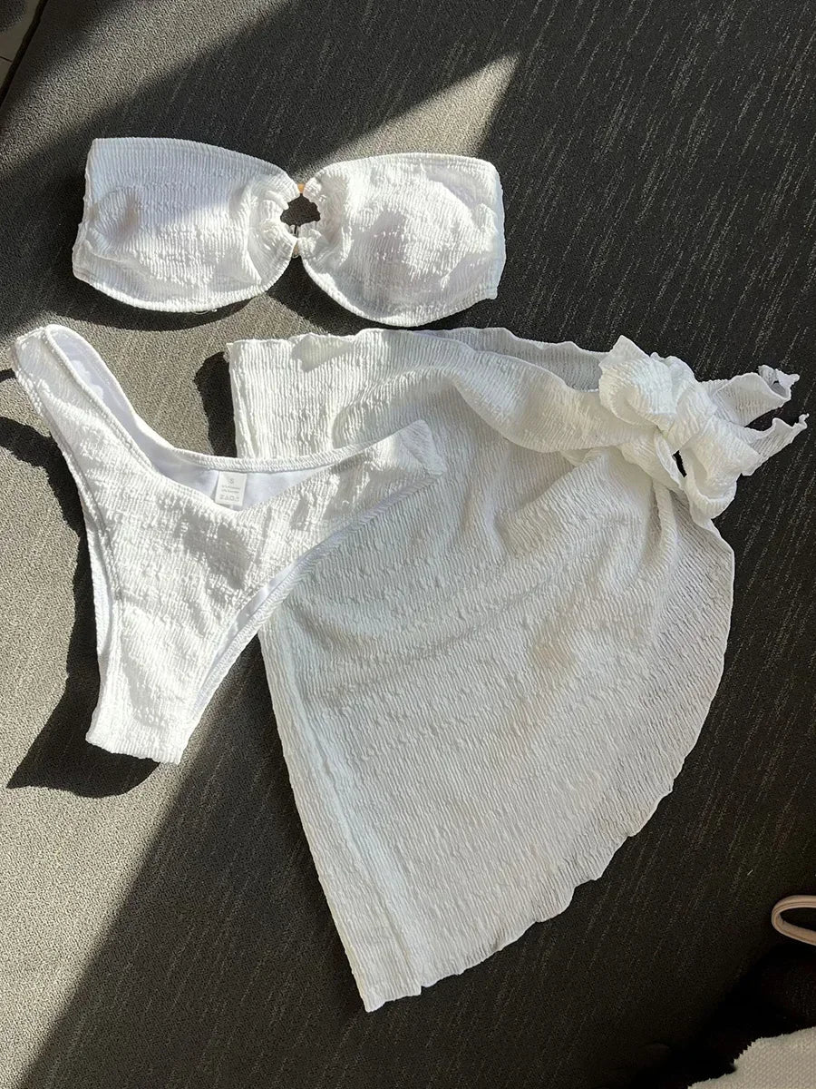 With Sarong Bandeau Strapless Wrinkled Bikini Women Swimwear Female Swimsuit Three-pieces Bikini set Bather Bathing Suit Swim - Sun Studio