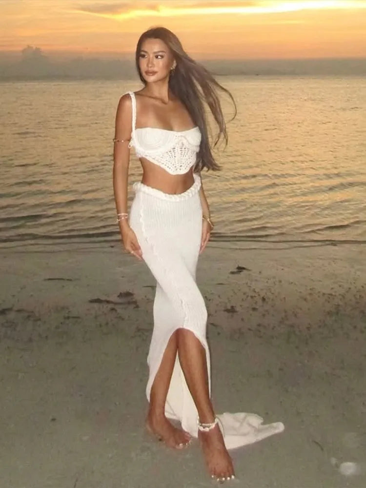 Halter Knitted Vest Bikini Top Split Fishtail Skirt Set Crochet Hollow Out Beach Swimsuit Sexy Backless Suspender Long Skirts - Sun Studio