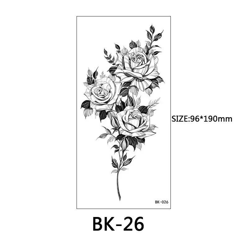 Rose Blossom Tattoo Temporary Waterproof Butterfly Fake Tattoo for Woman Black Flower Sketch Tattoo Sticker - Sun Studio
