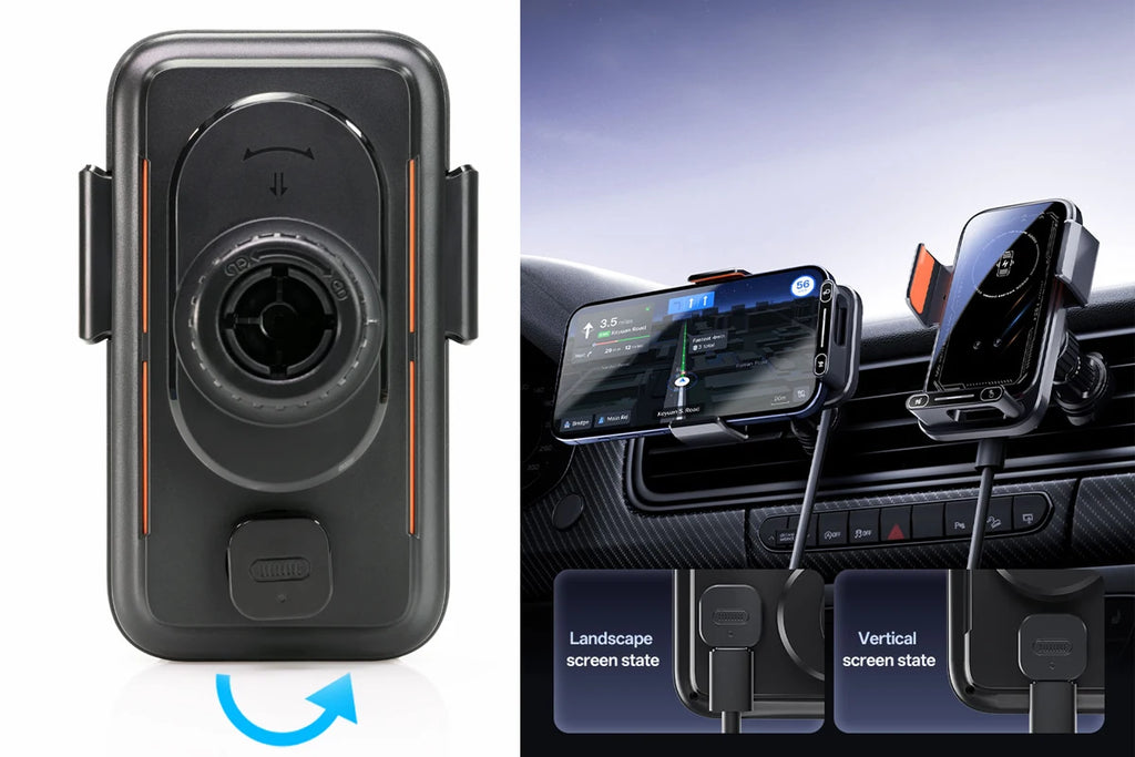 Car Phone Charger Phone Holder 15W Wireless & Wired Charger Auto Sensing One-Touch Release and Rotation Qi FCC ROHS Certified - Sun Studio