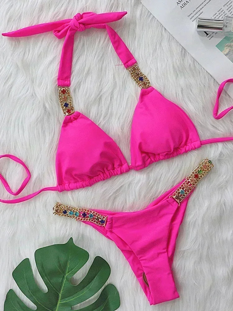 Halter Rhinestone Diamond Bikini Women Swimsuit Female Bikinis Metal Chain Swimwear Two Pieces Bikini Set Bathing Suit Swim Lady