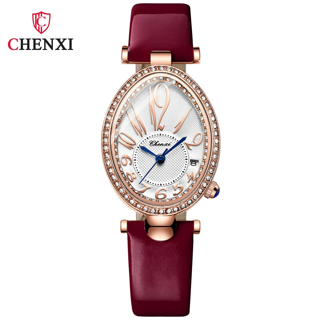 Luxury Watch For Women Diamond Waterproof Quartz Ladies Watches Fashion Elegant Oval Calendar Wristwatche Leather Strap - Sun Studio