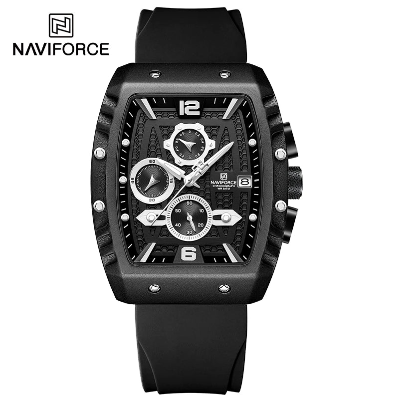 NAVIFORCE Creative Barrel-Shaped Dial Men Watches Fumed Silica Strap Waterproof Quartz Chronograph Date Display Male Wrist Watch
