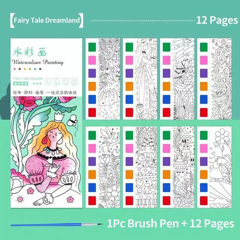1PC Children's Watercolor Coloring Book Kids Adult Watercolour Coloring Paper With Water Paint Pens Girls Student Birthday Gift - Sun Studio