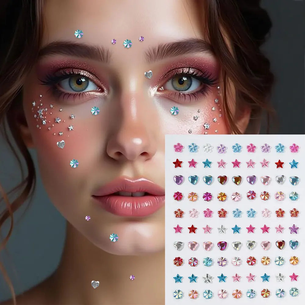 1Sheet 5D Mixed Shell Aurora Rhinestone Girl Face Stickers Hollow Star/Moon/Heart Self-Adhesive Cute Girl Make Up Diamond Decal - Sun Studio