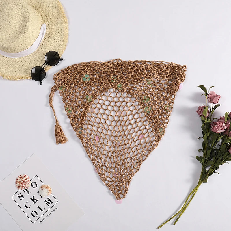 Women's Handmade Crochet Triangle Mesh Shawl With Sequins Sexy Beach Sunscreen Skirt Summer Hollow Out Swimsuit Cover Ups - Sun Studio