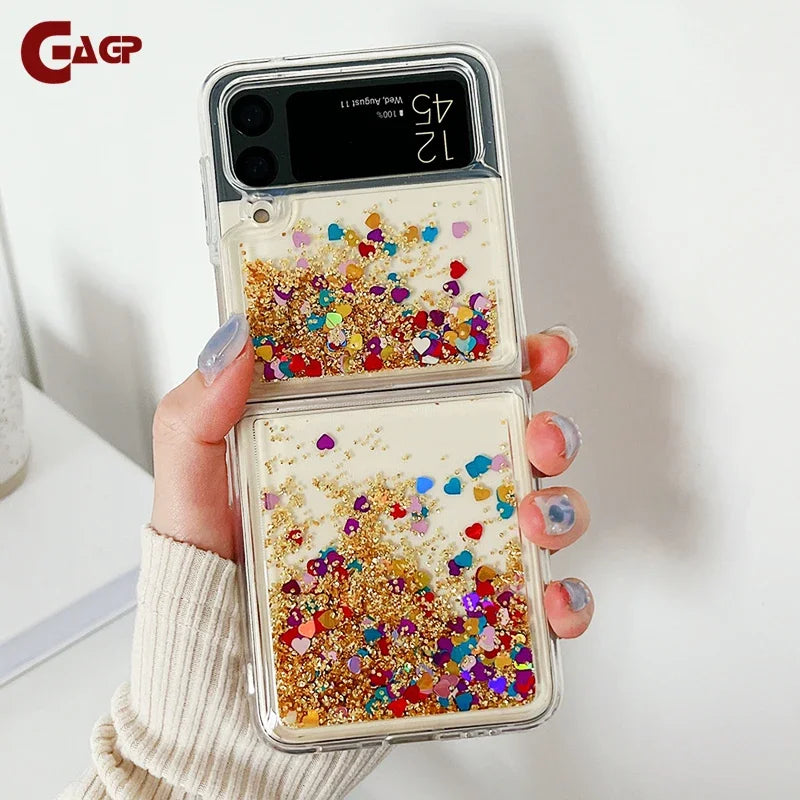 for Samsung Z Flip 7 Luxury Glitter Quicksand Case For Samsung Galaxy Z Flip 7 6 5 4 3 ZFlip 7FE Gradient Love Heart Bling Cover - Sun Studio