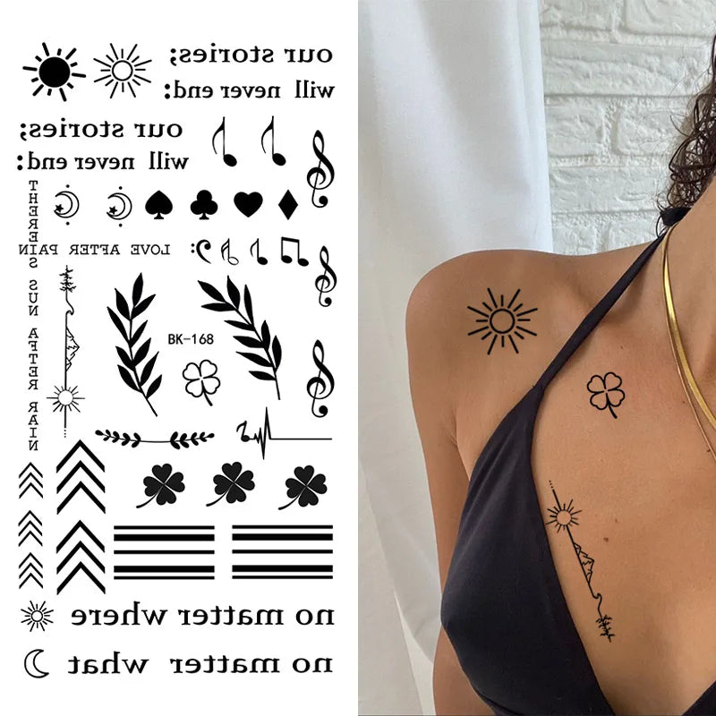 Black White Temporary Transfer Tattoos Floral Butterfly Lettering Line Art Waterproof Body Stickers for Music Festival Party