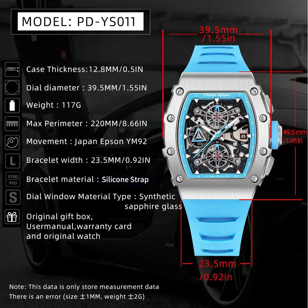 PAGANI DESING Men's Quartz Watches Skeleton Dial 100M Waterproof Sport Rectangle Sapphire glass Watch for Men - Sun Studio