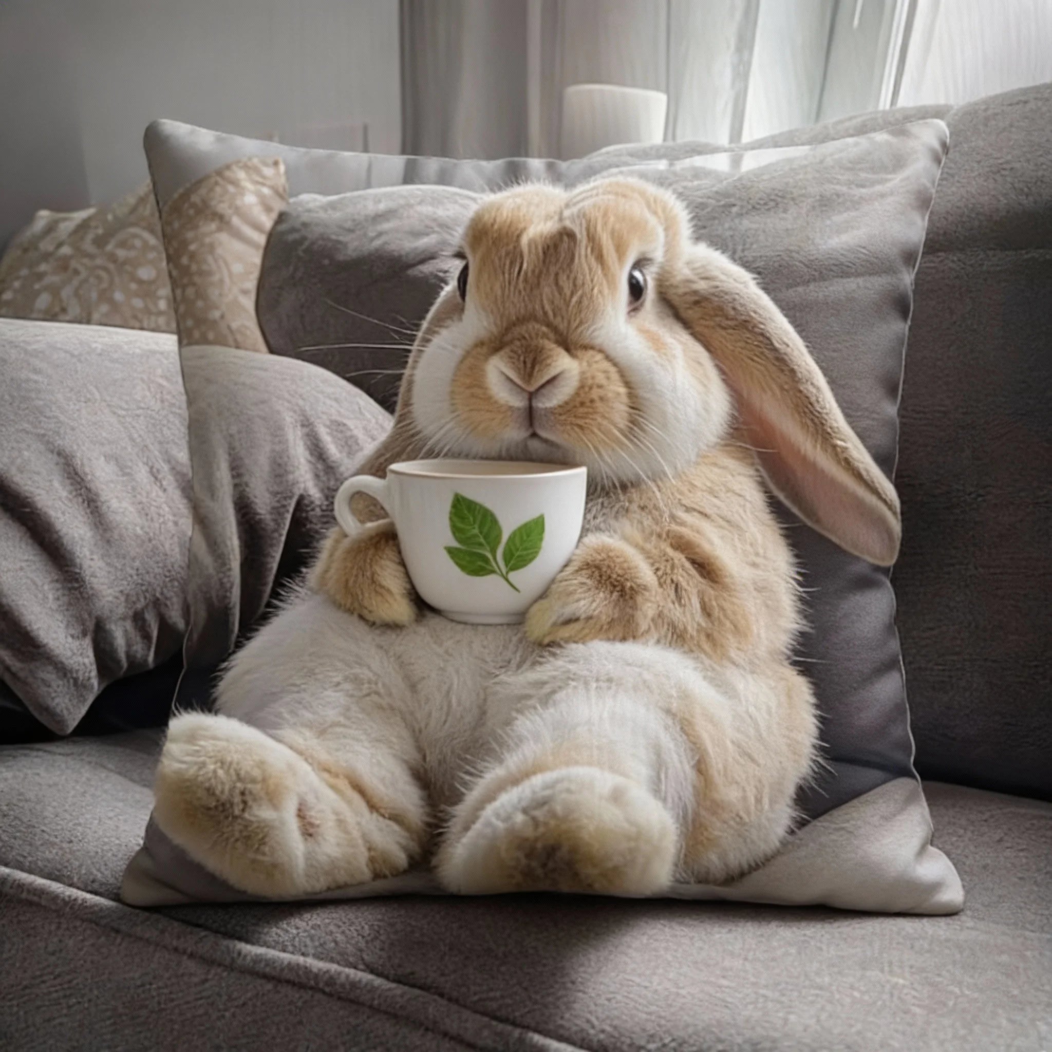 Adorable Bunny with Coffee Cup Print Pillowcase - Home Decor, Perfect for Living Room and Bedroom, Ideal Gift for Animal Lovers - Sun Studio