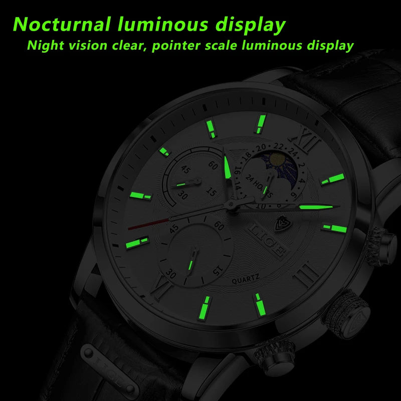 LIGE 2024 Brand New Men's Watches Leather Chronograph Waterproof Sports Automatic Date Quartz Watches for Men Relogio Masculino - Sun Studio